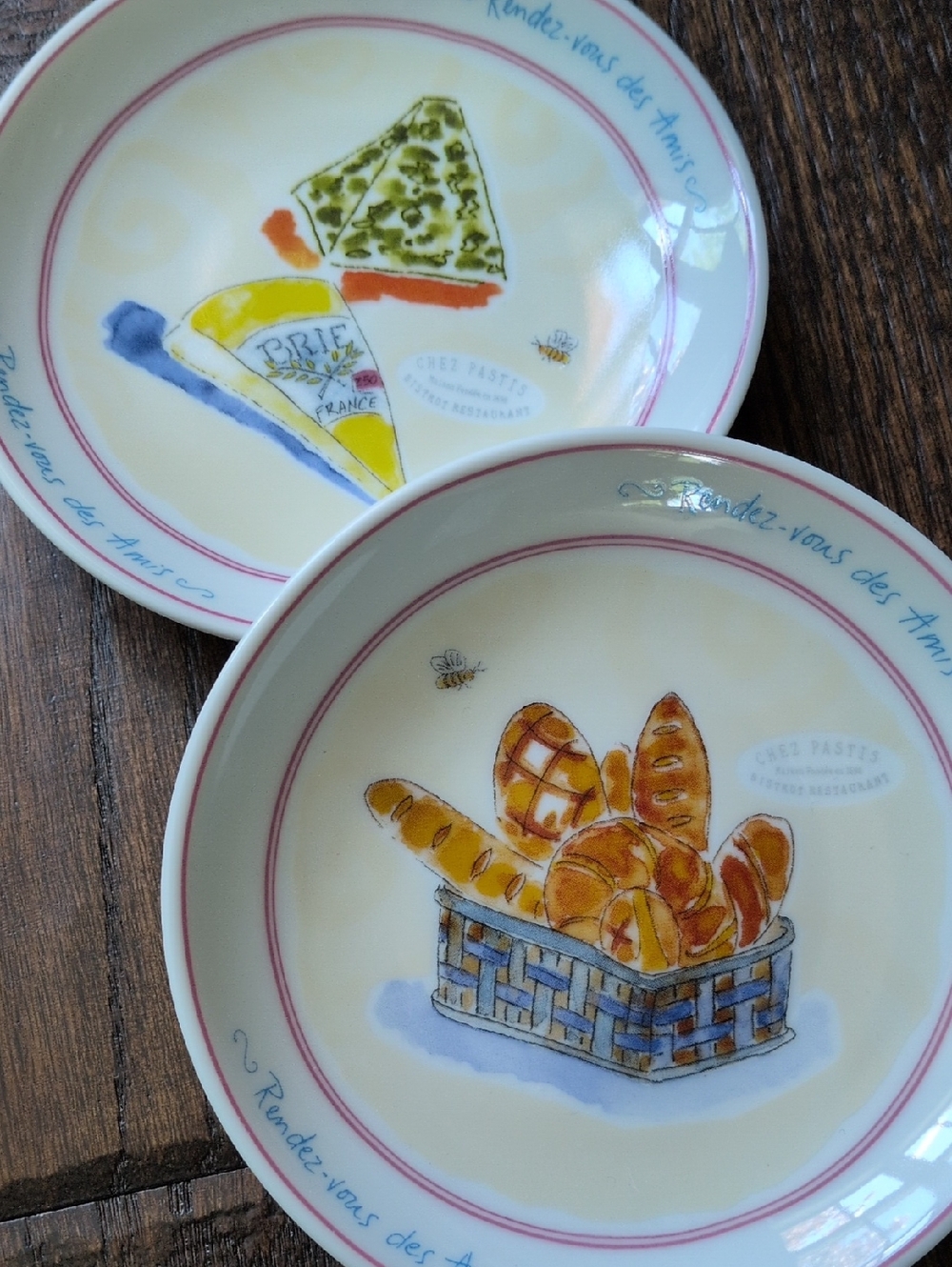 2 French Bistro Cheese & Bread Rendez-vous des Amis Ceramic Tidbit Plates Dishes